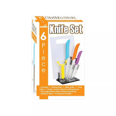 6-Piece Colorful Knife Set with Cutting Board and Stand – Includes Paring, Utility, Chef Knives & Peeler for Everyday Use