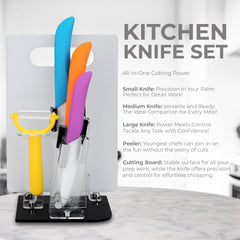 6-Piece Colorful Knife Set with Cutting Board and Stand – Includes Paring, Utility, Chef Knives & Peeler for Everyday Use