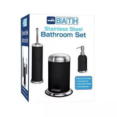 3 Pc Stainless Steel Bathroom Set with 3L Step Can, Toilet Brush Holder, and Soap Dispenser - Black