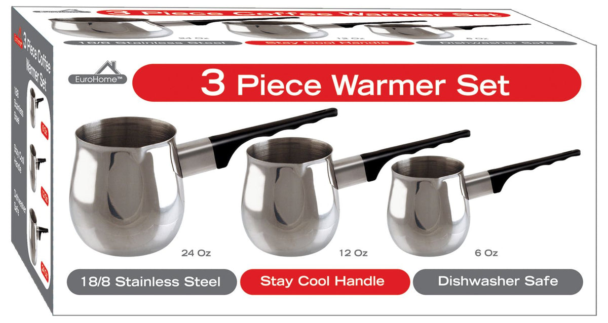 3 Piece Stainless Steel Turkish Coffee Set with Heat Resistant Handles - Silver