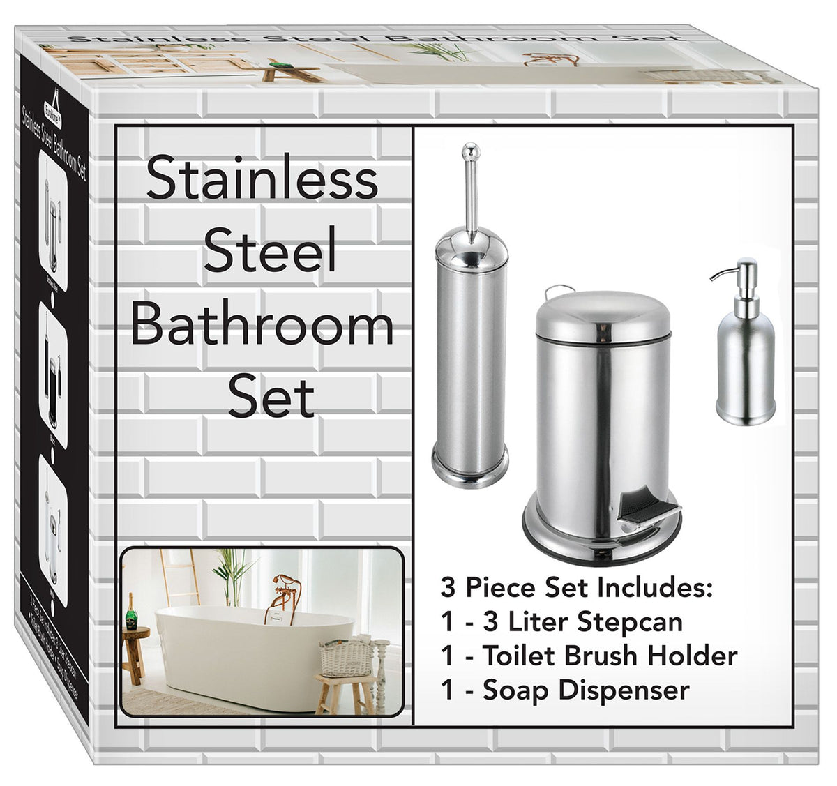 3 Pc Stainless Steel Bathroom Set with 3L Step Can, Toilet Brush Holder, and Soap Dispenser - Silver