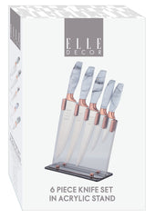 Elle Decor 5-Piece Professional Kitchen Knife Set Marble Handles & Rose Gold Accents Includes Clear Block Chef Bread Carving Utility & Paring Knives