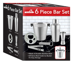 6-Piece Stainless Steel Bar Set - Includes Ice Bucket, Shaker, Tongs, and More