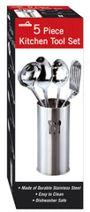 5 Pc Stainless Steel Cooking Utensil Set with Holder - Includes Spatula, Ladle, Spoons, and Countertop Holder