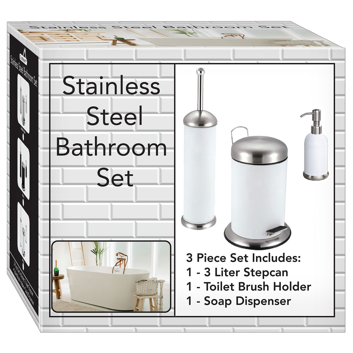 3 Pc Stainless Steel Bathroom Set with 3L Step Can, Toilet Brush Holder, and Soap Dispenser - White