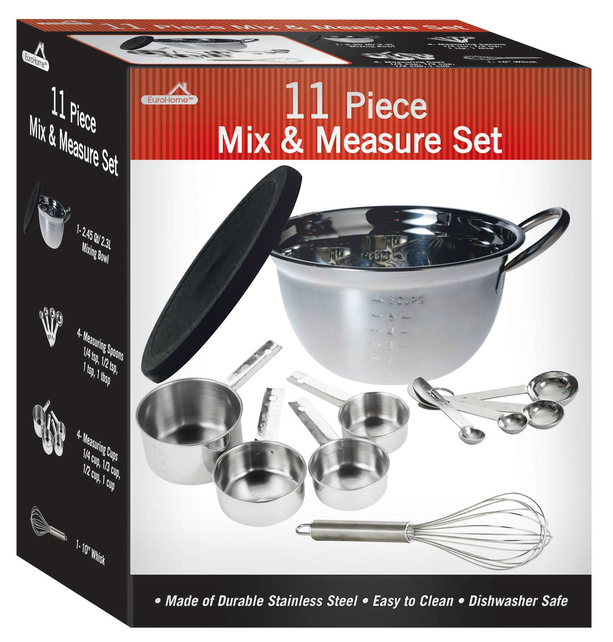 11 Pc Stainless Steel Mix & Measure Set with Mixing Bowl, Measuring Cups, Spoons, and Whisk