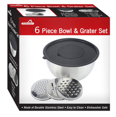 6-Piece Stainless Steel Bowl & Grater Set - 4.5 Qt Mixing Bowl with Lids and 3-Piece Grater