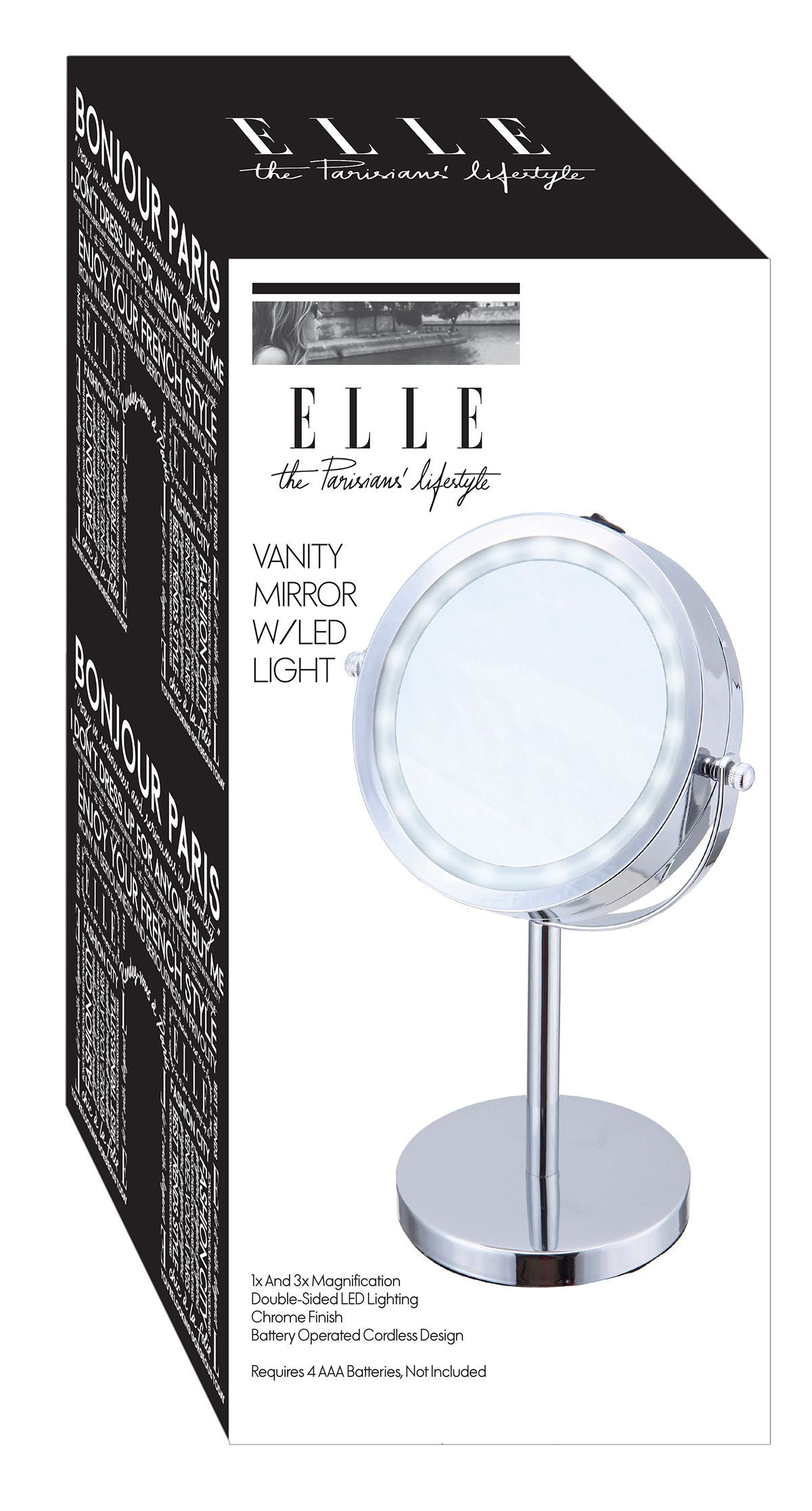 Elle Vanity Mirror with LED Lights 1x & 3x Magnification, Double-Sided LED Lighting Chrome Finish, Battery Operated 5.75-Inch Diameter