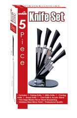 5 Piece Stainless Steel Knife Set with Acrylic Stand - Modern Black Design, Never-Need Sharpening Fine Edge Blades