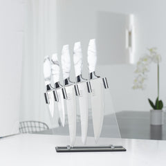 Elle Decor 5-Piece Professional Kitchen Knife Set Marble Handles & Chrome Finish Includes Clear Block Chef Bread Carving Utility & Paring Knives