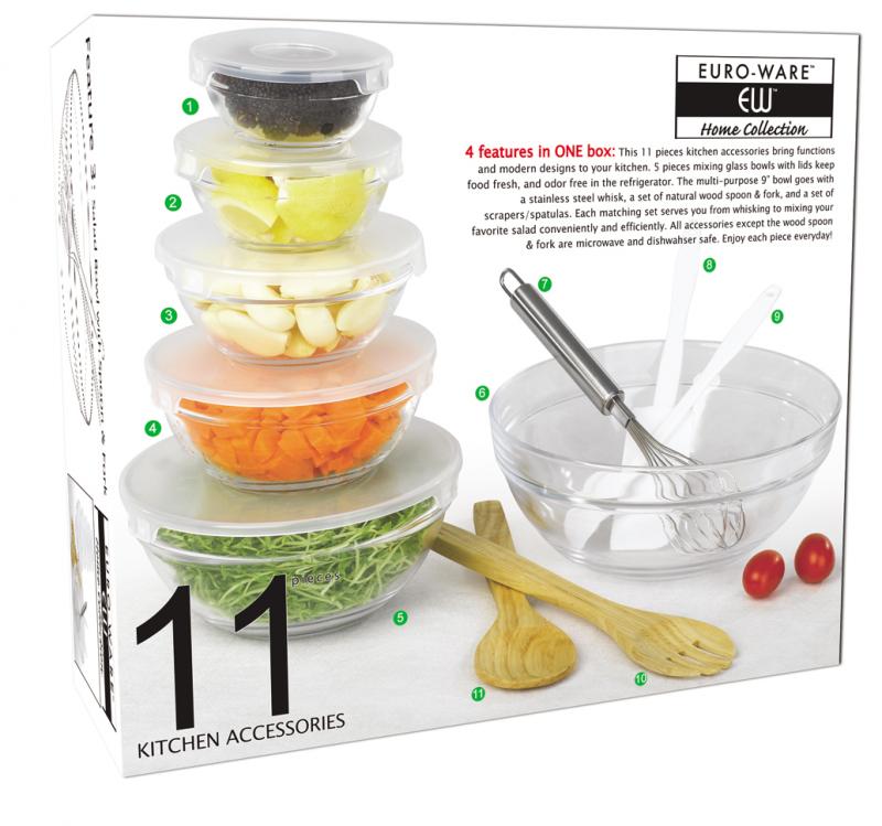 11-Piece Kitchen Accessories Set – Glass Mixing Bowls with Airtight Lids, Stainless Steel Whisk, Scrapers, Wooden Spoons