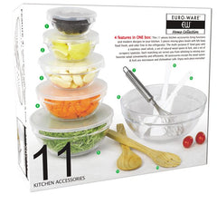 11-Piece Kitchen Accessories Set – Glass Mixing Bowls with Airtight Lids, Stainless Steel Whisk, Scrapers, Wooden Spoons