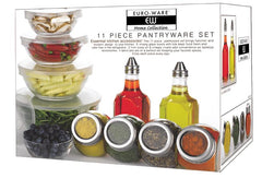 11-Piece Glass Pantryware Set – Mixing Bowls with Lids, Oil and Vinegar Cruets, Spice Jars