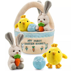 Easter Baby Plush Playset with Easter Basket, Bunny Holding Carrot, Easter Egg, and Squeaky Chicken, Sensory and Decorative Toys for Babies & Newborns