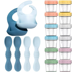 12 Glass Baby Food Storage Jars, 4 Silicone Baby Spoons & 2 Silicone Bibs, Baby Mealtime Essentials Bundle – BPA-Free, Leakproof, and Dishwasher Safe