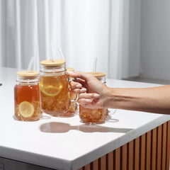 4 Peice Glass Jars with Bamboo Lids and Straw, 16 oz Mason Jar Drinking Glasses – Reusable Tumbler Set for Cold Beverages