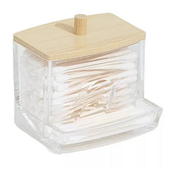 Clear Cotton Swab Dispenser with Bamboo Lid—Acrylic Qtips Dispenser, Easy-Access, Cotton Swab and Cotton Ball Holder