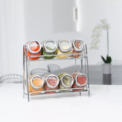 9-Piece Glass Spice Jar Set with 2-Tier Chrome Rack – 8 Glass Jars with Chrome Covers, Space-Saving Storage