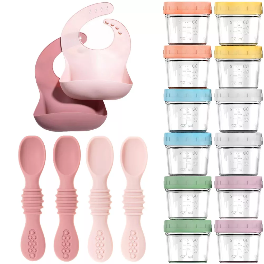 12 Glass Baby Food Storage Jars, 4 Silicone Baby Spoons & 2 Silicone Bibs, Baby Mealtime Essentials Bundle – BPA-Free, Leakproof, and Dishwasher Safe