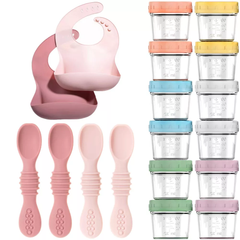 12 Glass Baby Food Storage Jars, 4 Silicone Baby Spoons & 2 Silicone Bibs, Baby Mealtime Essentials Bundle – BPA-Free, Leakproof, and Dishwasher Safe