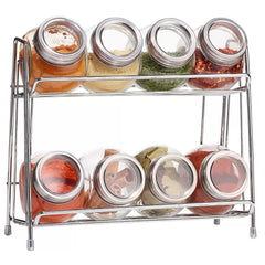 9-Piece Glass Spice Jar Set with 2-Tier Chrome Rack – 8 Glass Jars with Chrome Covers, Space-Saving Storage