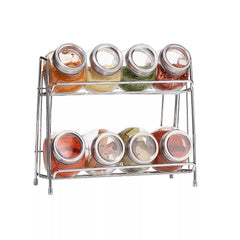 9-Piece Glass Spice Jar Set with 2-Tier Chrome Rack – 8 Glass Jars with Chrome Covers, Space-Saving Storage