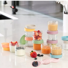 12 Glass Baby Food Storage Jars, 4 Silicone Baby Spoons & 2 Silicone Bibs, Baby Mealtime Essentials Bundle – BPA-Free, Leakproof, and Dishwasher Safe