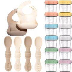 12 Glass Baby Food Storage Jars, 4 Silicone Baby Spoons & 2 Silicone Bibs, Baby Mealtime Essentials Bundle – BPA-Free, Leakproof, and Dishwasher Safe