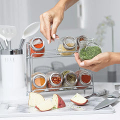 9-Piece Glass Spice Jar Set with 2-Tier Chrome Rack – 8 Glass Jars with Chrome Covers, Space-Saving Storage