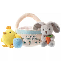 Easter Baby Plush Playset with Easter Basket, Bunny Holding Carrot, Easter Egg, and Squeaky Chicken, Sensory and Decorative Toys for Babies & Newborns