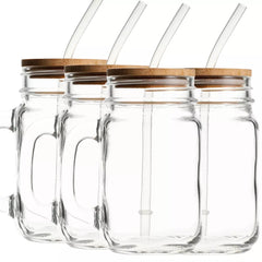 4 Peice Glass Jars with Bamboo Lids and Straw, 16 oz Mason Jar Drinking Glasses – Reusable Tumbler Set for Cold Beverages