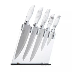 Elle Decor 5-Piece Professional Kitchen Knife Set Marble Handles & Chrome Finish Includes Clear Block Chef Bread Carving Utility & Paring Knives