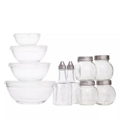 11-Piece Glass Pantryware Set – Mixing Bowls with Lids, Oil and Vinegar Cruets, Spice Jars