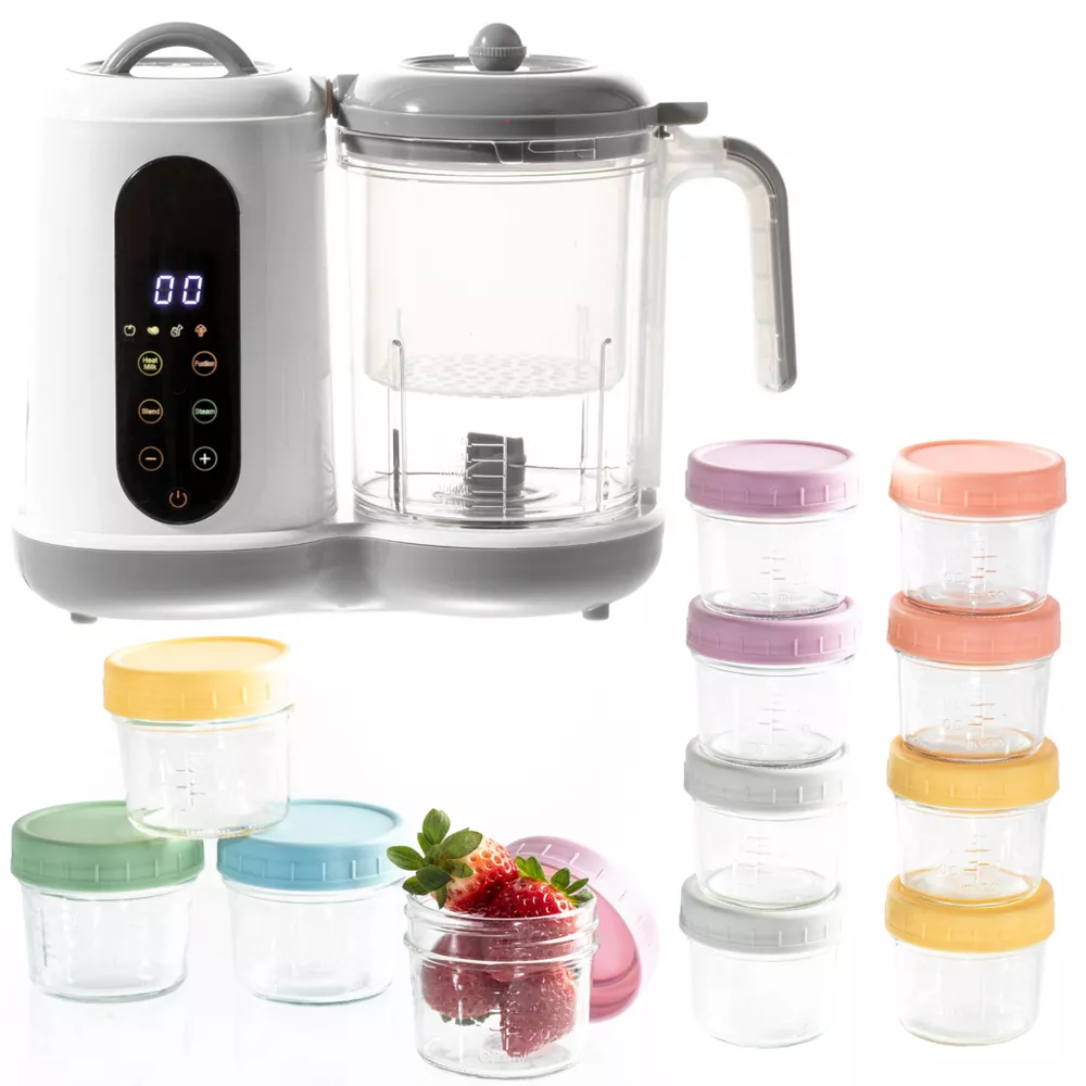 All-in-One Baby Food Prep Set – Multifunctional Baby Food Processor Steamer Blender + 12 Compact Glass Baby Food Storage Jars – BPA-Free, Leakproof, Durable, and Convenient