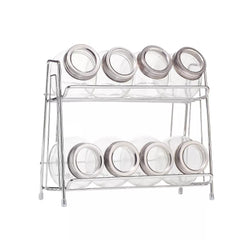 9-Piece Glass Spice Jar Set with 2-Tier Chrome Rack – 8 Glass Jars with Chrome Covers, Space-Saving Storage