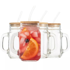 4 Peice Glass Jars with Bamboo Lids and Straw, 16 oz Mason Jar Drinking Glasses – Reusable Tumbler Set for Cold Beverages