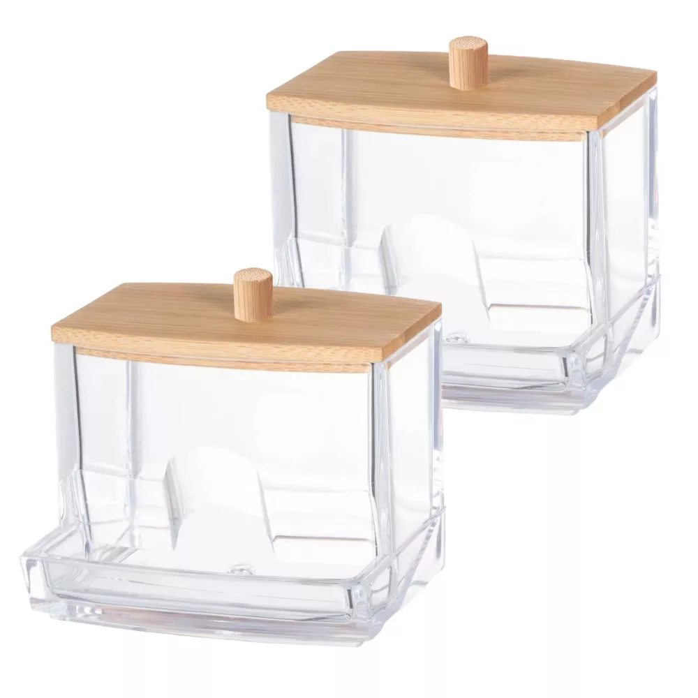 Clear Cotton Swab Dispenser with Bamboo Lid—Acrylic Qtips Dispenser, Easy-Access, Cotton Swab and Cotton Ball Holder