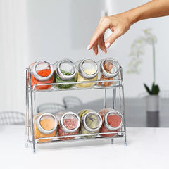 9-Piece Glass Spice Jar Set with 2-Tier Chrome Rack – 8 Glass Jars with Chrome Covers, Space-Saving Storage