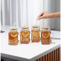 4 Peice Glass Jars with Bamboo Lids and Straw, 16 oz Mason Jar Drinking Glasses – Reusable Tumbler Set for Cold Beverages