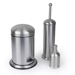 3 Pc Stainless Steel Bathroom Set with 3L Step Can, Toilet Brush Holder, and Soap Dispenser - Silver