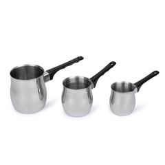 3 Piece Stainless Steel Turkish Coffee Set with Heat Resistant Handles - Silver