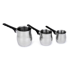 3 Piece Stainless Steel Turkish Coffee Set with Heat Resistant Handles - Silver