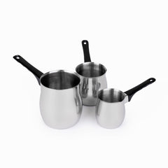 3 Piece Stainless Steel Turkish Coffee Set with Heat Resistant Handles - Silver