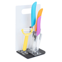 6-Piece Colorful Knife Set with Cutting Board and Stand – Includes Paring, Utility, Chef Knives & Peeler for Everyday Use