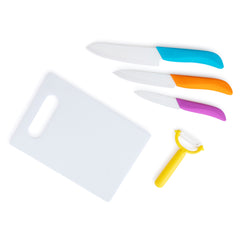 6-Piece Colorful Knife Set with Cutting Board and Stand – Includes Paring, Utility, Chef Knives & Peeler for Everyday Use