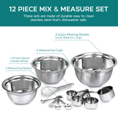 12-Piece Mix and Measure Set, Includes Mixing Bowls, Measuring Cups, Measuring Spoons, and Whisk