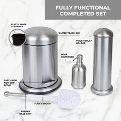 3 Pc Stainless Steel Bathroom Set with 3L Step Can, Toilet Brush Holder, and Soap Dispenser - Silver