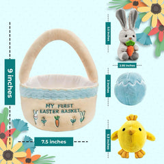 Easter Baby Plush Playset with Easter Basket, Bunny Holding Carrot, Easter Egg, and Squeaky Chicken, Sensory and Decorative Toys for Babies & Newborns