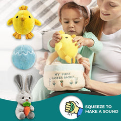 Easter Baby Plush Playset with Easter Basket, Bunny Holding Carrot, Easter Egg, and Squeaky Chicken, Sensory and Decorative Toys for Babies & Newborns