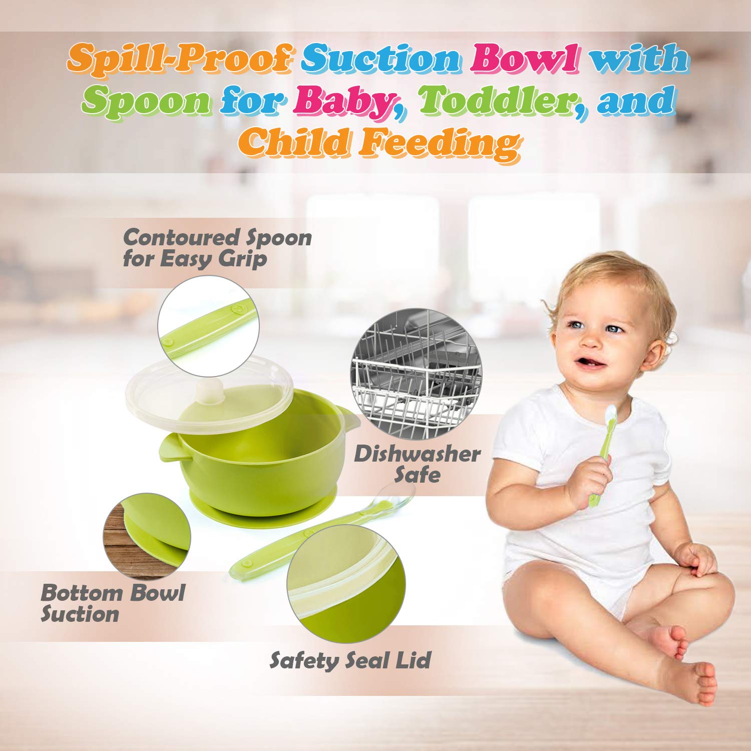 Sperric Silicone Suction Baby Bowl with Lid - BPA Free - 100% Food Grade  Silicone - Infant Babies And Toddler Self Feeding (Green & Orange)